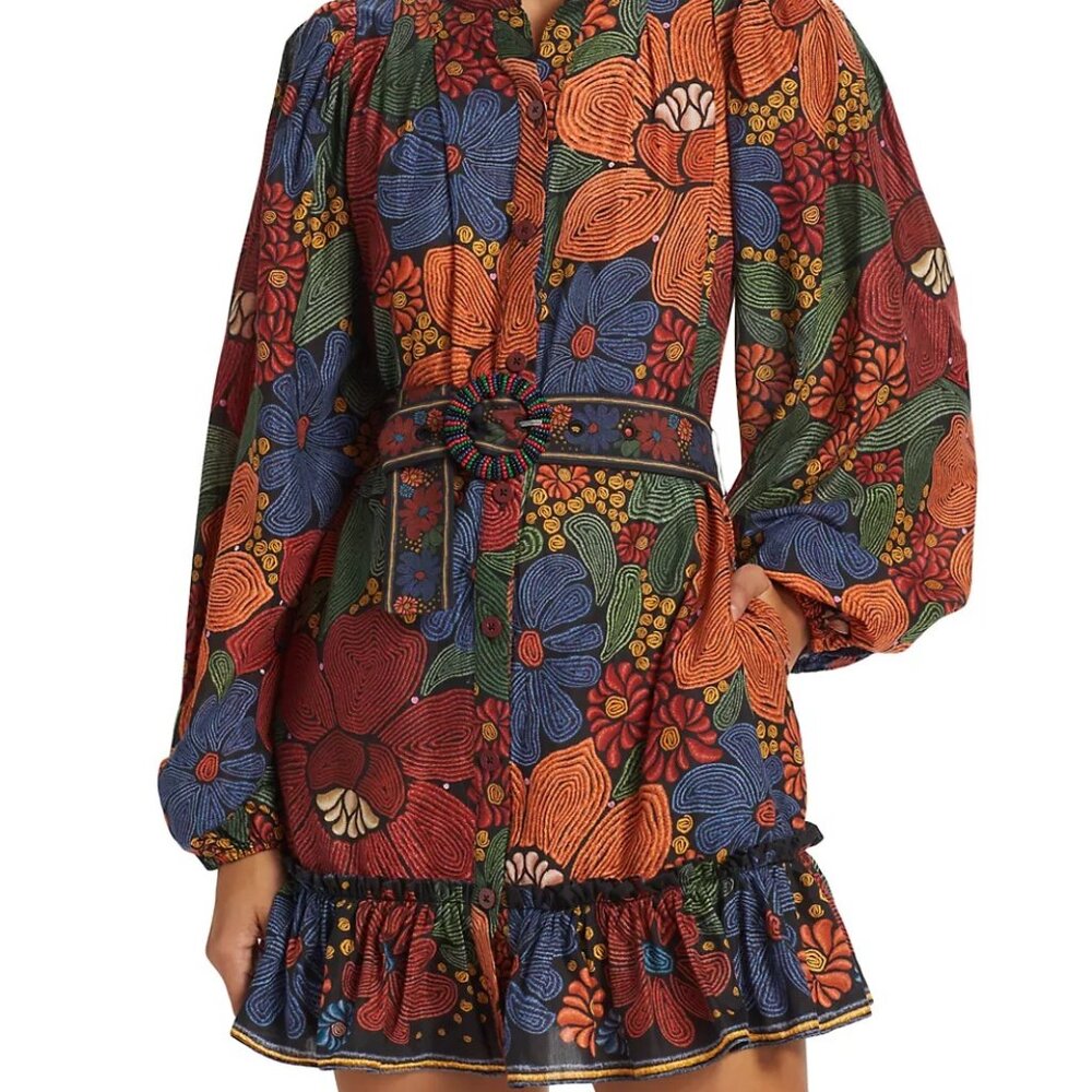 FARM RIO Fall Floral Mini Dress Puff Sleeve Belted